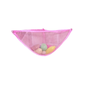 Pink cartoon mesh storage bag for baby bath toys hanging in bathroom organized for kids