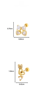 Detailed tile display of zircon butterfly and heart cartilage studs with precise dimensions