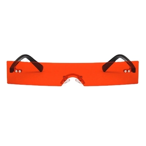 Modern red rectangle rimless sunglasses with minimalist black temples on white background