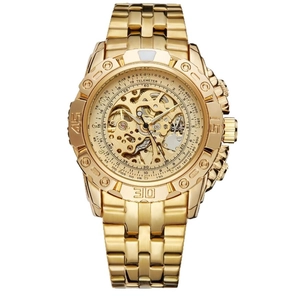 Men's gold automatic mechanical watch with skeleton dial and stainless steel strap