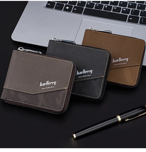 Three multi-functional Baellerry men's short wallets with zipper in business office setting
