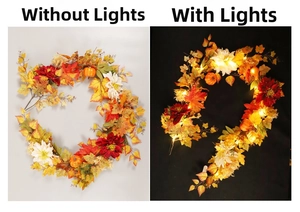 Detail view of maple leaf garland with pumpkins, comparing light-off and light-on effects