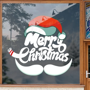 Merry Christmas festive static window stickers with Santa hat and scarf on glass pane
