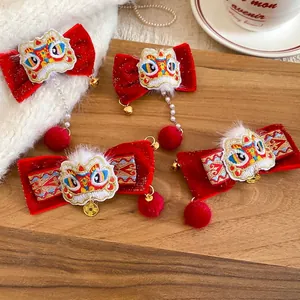 New Year dancing lion velvet bow hair clip with pearl tassels and festive charms
