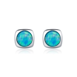 Elegant S925 silver square opal stud earrings with iridescent blue-green gemstones