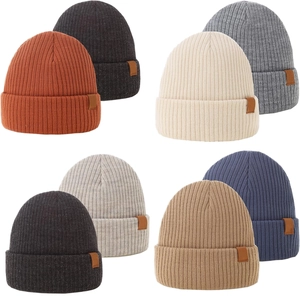 Unisex Winter Warm Ribbed Knit Beanie Hat Thick Double Layer Elastic Acrylic Solid Color Skull Cap With Leather Patch