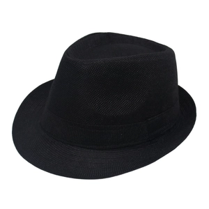 Detail of a black woven Trilby hat with matching ribbon and classic indented fedora crown
