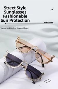 Detail of rimless cat-eye sunglasses with rhinestone trim and gradient lenses