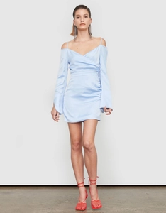 Detail of light blue satin off-shoulder mini dress with elegant long flared sleeves