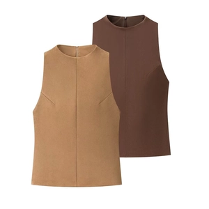 Débardeur Sans Manches Imitation Daim Col Rond Fermeture Éclair Dos Couleur Unie Chic Gilet Femme