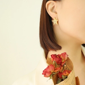 French vintage titanium steel gold star earrings with delicate diamond embossed texture