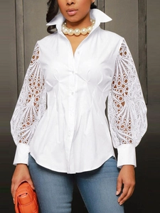 White Blouse Shirt Lace Hollow Out Patchwork Long Lantern Sleeve Slim Fit Button Down Elegant Lapel Top For Women