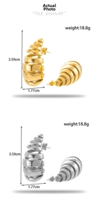 Detailed view of chunky spiral C-shape earrings with precise measurements in gold and silver