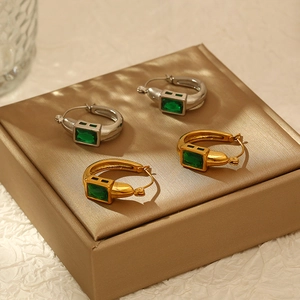 U Shape Hoop Earrings Stainless Steel 18K Gold Plated Square Green Zircon Geometric Fashion Studs For Women