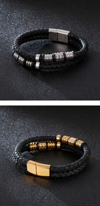 Detail of woven leather bracelets with textured metal rings and magnetic clasps