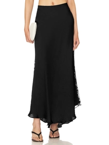 Detailed view of elegant black satin midi skirt with smooth texture and luxury sheen