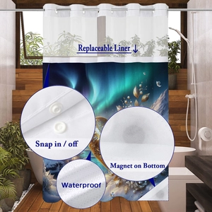 Détail du rideau de douche gaufré imperméable avec doublure amovible et aimants au bas