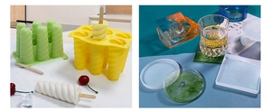 Detailed macro view of spiral popsicle molds and square resin coaster silicone tools