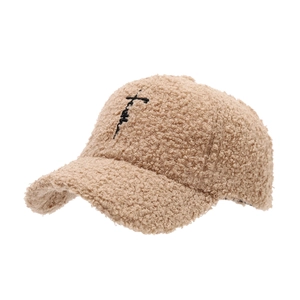 Lambswool baseball cap in khaki with letter embroidery on plain white background