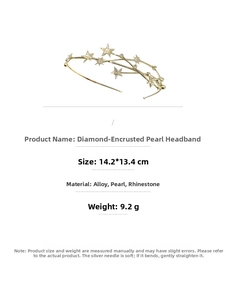 Detail of star-shaped headband with pearls and rhinestones showing dimensions 14.2x13.4cm