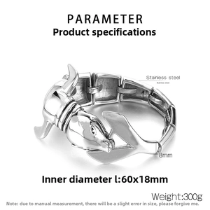Détails techniques du bracelet tête de taureau en acier inoxydable, largeur 8mm