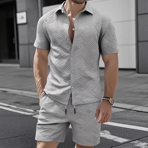 Men Short Sleeve Shirt And Shorts Textured Jacquard Waffle Summer Casual Button Down Lapel Polyester Spandex Summer Apparel