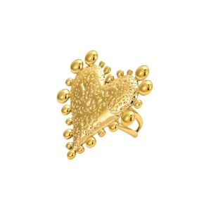 Vintage golden stainless steel ring with hammered heart motif and beaded border