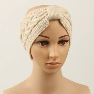 Close-up of beige cable knit headband with warm fleece lining and textured patterns