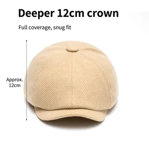 Beige wool blend newsboy cap with 12cm deep crown design for a comfortable full head fit