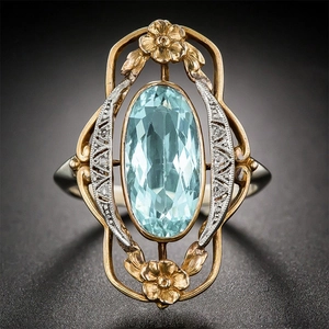 Vintage Victorian Style Hollow Flower Copper Ring With Oval Blue Gemstone And Cubic Zirconia Jewelry For Women