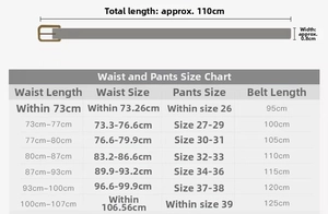 Size chart showing braided belt dimensions and waist measurements for different pant sizes