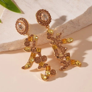Chinese Style Wealth Character Drop Earrings Copper Alloy Rhinestone With 925 Sterling Silver Earring Post For Women