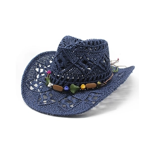 Deep blue woven cowboy straw hat with colorful beads and bohemian hollow-out design