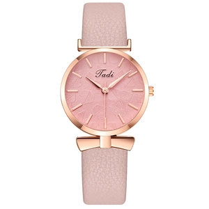 Women's fashion quartz watch with pink leaf pattern dial and rose gold bow detail