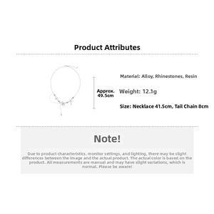 Detailed view of white floral necklace with rhinestones showing chain length and size specs