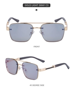 Front and side view of gold square metal sunglasses with light gray lenses and double bridge