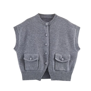 Gilet En Tricot Pour Femme Boutonné Pull Sans Manches Avec Poches Col Rond Gris Haut De Gilet Décontracté