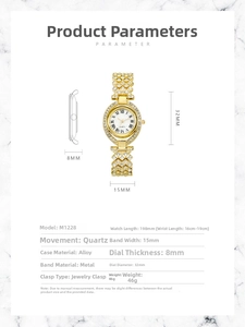 Specifiche della donna orologio al quarzo dorato M1228 con strass e dimensioni esatte