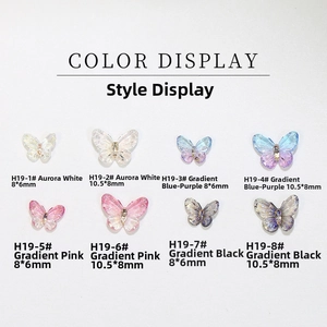 Color display of aurora butterfly nail charms in various sizes and gradient resin finishes