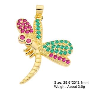 Detail view of a colorful dragonfly pendant showing dimensions 29.6x23mm and 3.0g weight