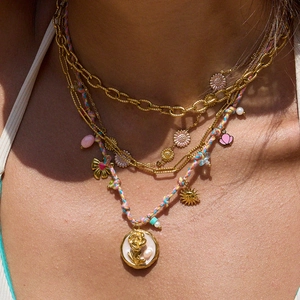 Multilayered gold stainless steel heart necklace with pearls and colorful beads