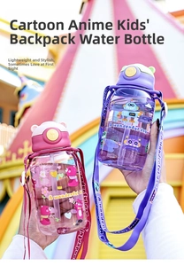 Detail view of pink and purple cartoon kids water bottles with bear ears and adjustable straps