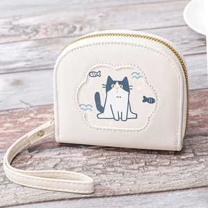 Minimalist cream white PU leather wallet with cat pattern and gold zipper closure