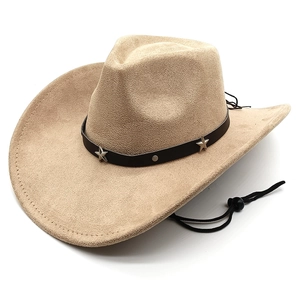 Detail of khaki suede cowboy hat featuring star-studded band and adjustable chin strap