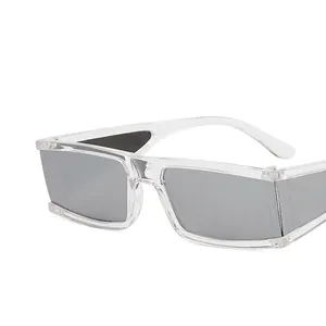 Square transparent sunglasses with grey lenses in a retro minimalist 45-degree side view