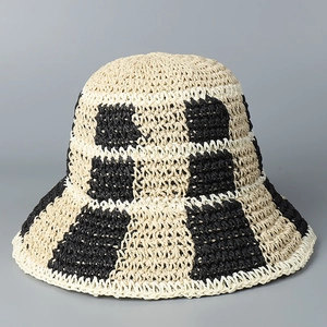 Women Summer Handwoven Paper Straw Bucket Hat Checkered Pattern Hollow Breathable Sun Protection Beach Sunshade Foldable Hat