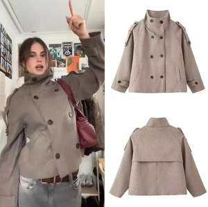 Women Short Woolen Texture Jacket Double Breasted Stand Collar Solid Color Elegant Outerwear Coat With Epaulettes