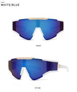 Front and 45-degree side views of white oversized sunglasses with blue mirrored lenses