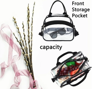 Detail view of large capacity transparent PVC toiletry bag with front storage pocket