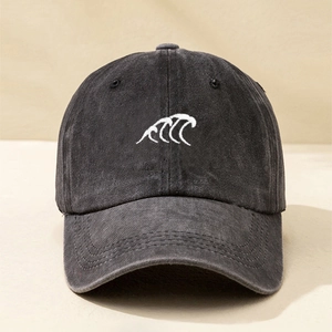 Washed black cotton baseball cap with white wave embroidery on front, sun protection style